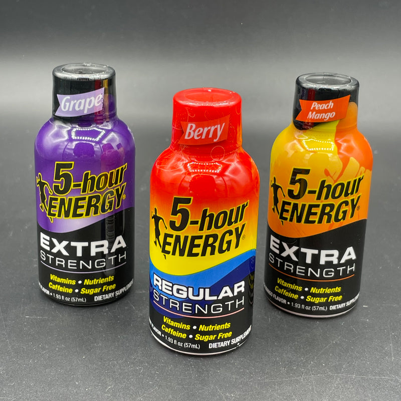5 Hour Energy TRIPLE-Pack! Includes 1x Grage Flavour & 1x Peach Mango Flavour Extra Strength, and 1x Berry Flavour Regular Strength Bottles 57ml Each (USA) LIMITED STOCK