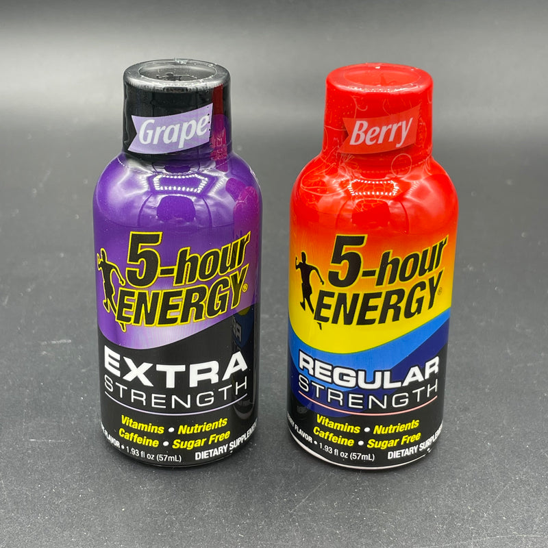 5 Hour Energy Twin-Pack! Includes 1x Grape Flavour Extra Strength, and 1x Berry Flavour Regular Strength Bottles 57ml Each (USA) LIMITED STOCK