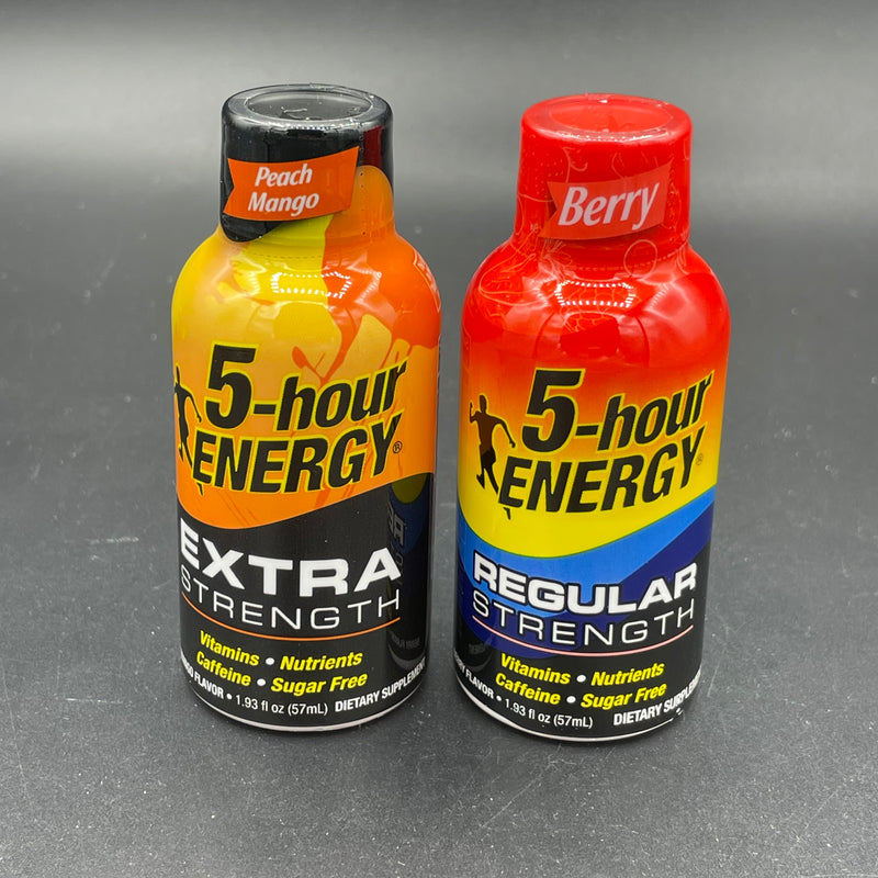 5 Hour Energy Twin-Pack! Includes 1x Peach Mango Flavour Extra Strength, and 1x Berry Flavour Regular Strength Bottles 57ml Each (USA) LIMITED STOCK