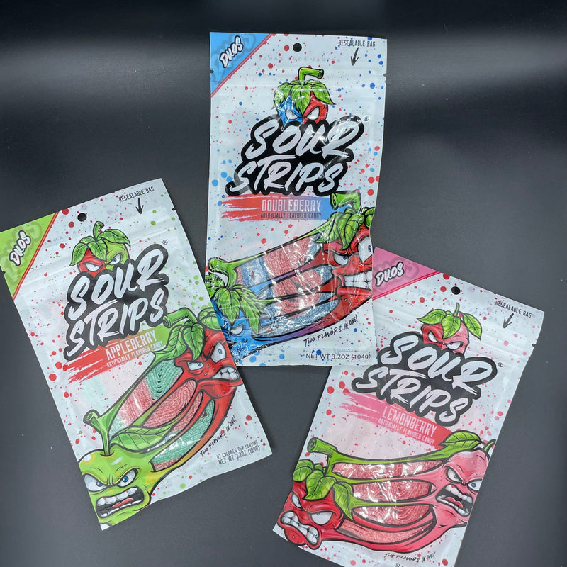 NEW LIMITED EDITION FLAVOUR Sour Strips DUOS COMBO PACK - Get THREE Flavours Including: Doubleberry, Lemonberry, & Appleberry! (USA) LIMITED EDITION