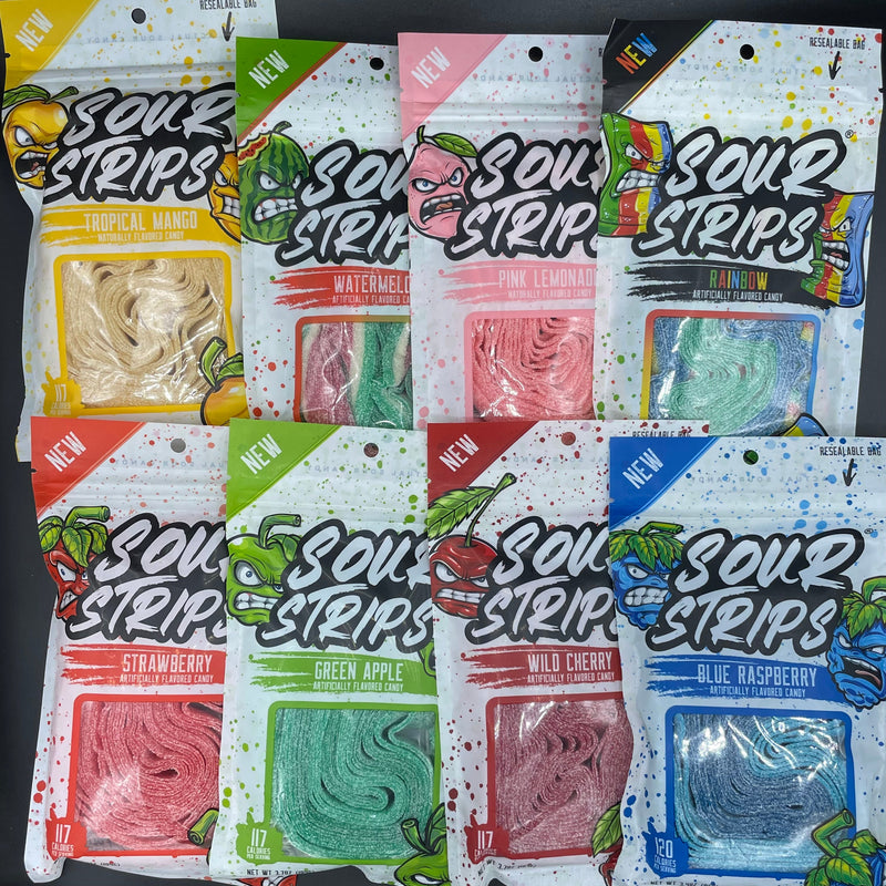 NEW Sour Strips COMBO PACK - Get NINE Flavours Including: Rainbow, Green Apple, Blue Raspberry, Wild Cherry, Watermelon, Pink Lemonade, Tropical Mango, Strawberry, AND Cotton Candy! (USA) SPECIAL