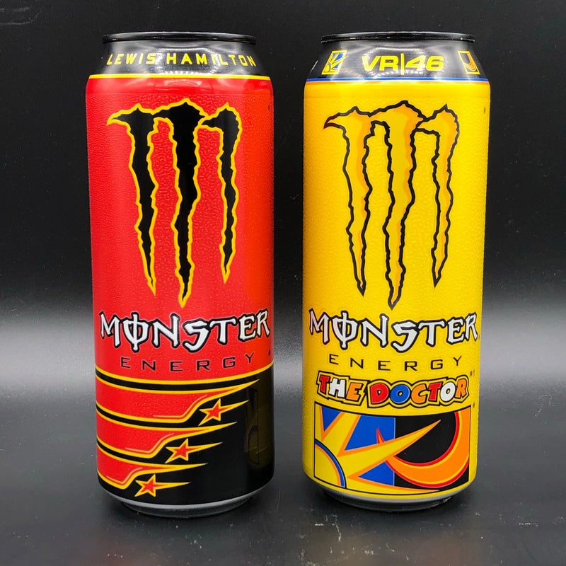 Monster Racing Pack! 2x 500ml Monsters including: Monster Lewis Hamilton, and Monster VR/46 The Doctor Valentino Rossi (USA)