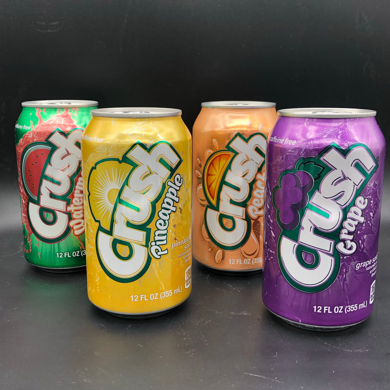 Crush Drink 4-Pack! Including Crush Pineapple 355ml, Crush Peach 355ml, Crush Watermelon 355ml, & Crush Grape 355ml (USA)