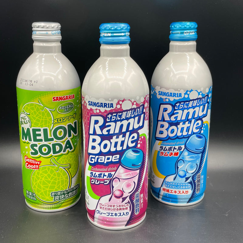 SHORT DATE Sangaria 3 Drink Pack! Includes Ramu Bottle, Ramu Bottle Grape, & Melon Soda 500ml Bottles (JAPAN) LIMITED STOCK
