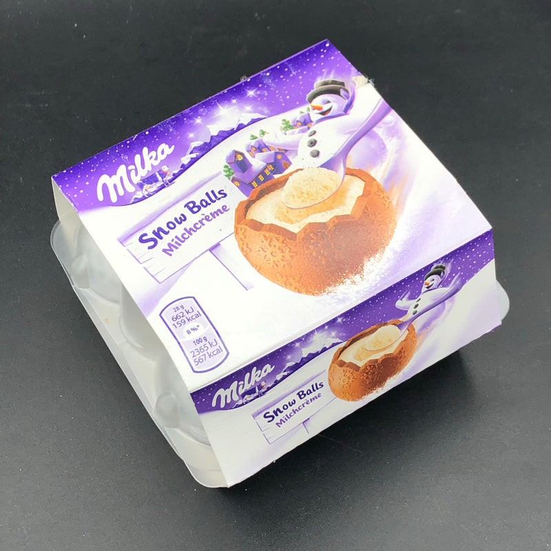 Milka Milk Chocolate Snowballs, Milk Cream Flavour, Egg & Spoon 4pk, 112g (GERMANY) WINTER SPECIAL