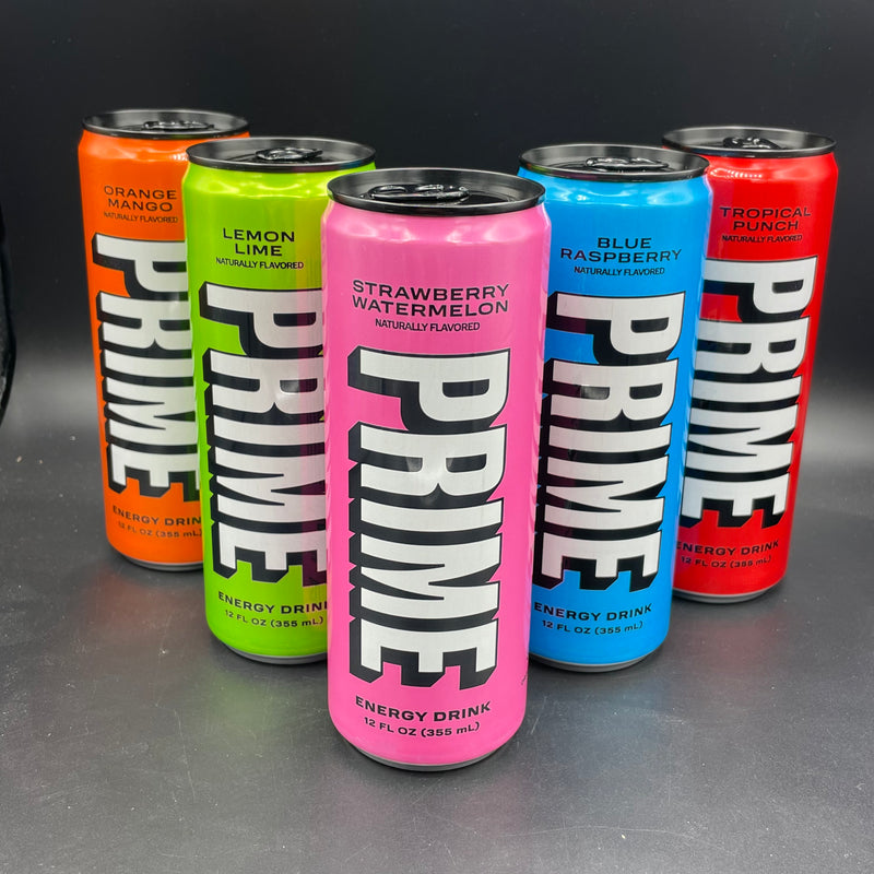 NEW Prime Energy 5-Pack! Includes: Orange Mango, Tropical Punch, Blue Raspberry, Strawberry Watermelon, & Lemon Lime Flavours! Energy Drinks 355ml each (USA) HYPE PRODUCT