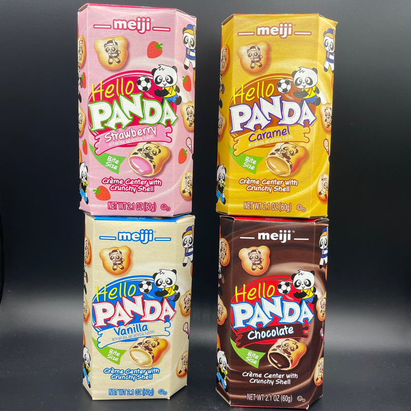 SPECIAL PACK - Meiji Hello Panda 4-Pack! Including Strawberry, Vanilla, Caramel, & Chocolate Flavours. 60g x4 (USA) SPECIAL PACK